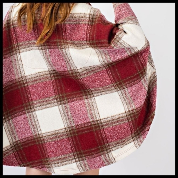 Easel Ultra Lux Cozy Red Plaid Wool Blend Poncho Cape Zippered Neck NWT - Picture 15 of 15